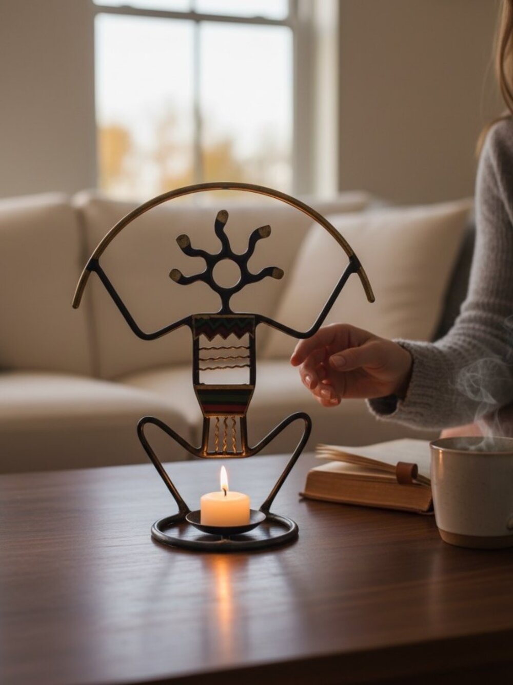 Metal Kokopelli-Inspired Tealight Candle Holder With Gold & Black Finish